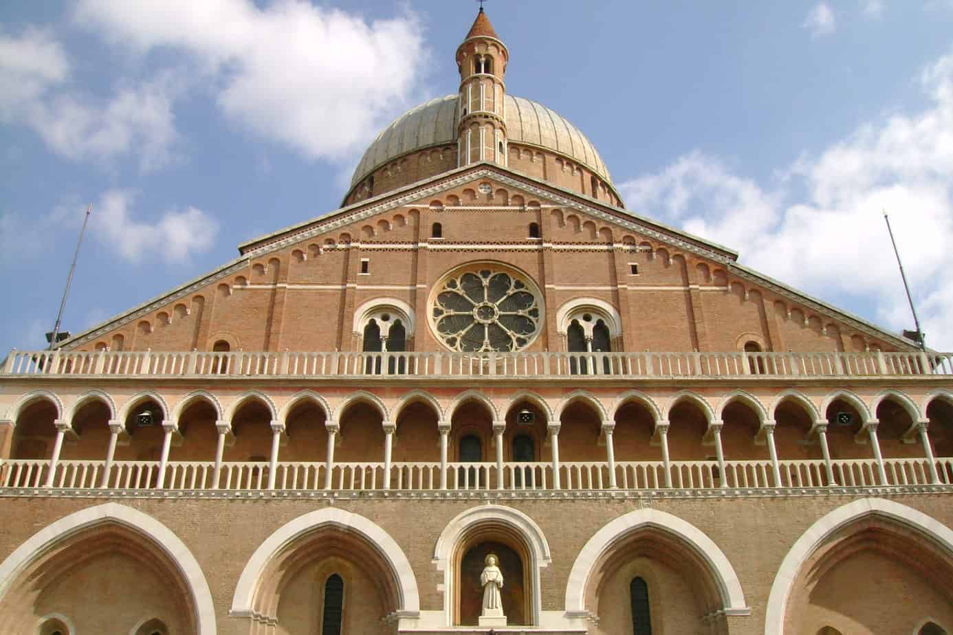 Front of red brick Basilica of St. Anthony in Padova